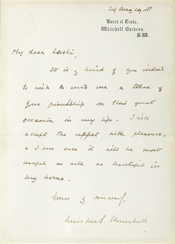 CHURCHILL, WINSTON S. Two items, each to Mabel Laski: Photograph Signed and Inscribed * Autograph Letter Signed.